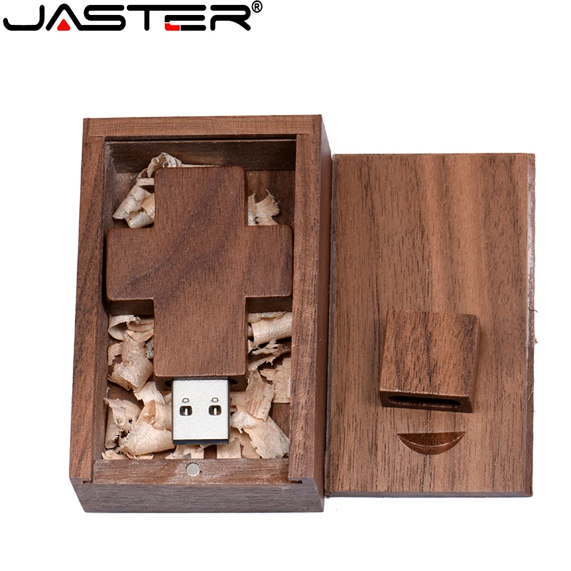 

JASTER Walnut Wood USB Flash Drive 128GB Cross Memory Stick 64GB Wooden Box Pen Drive32GB 16GB 8GB 4GB Real Capacity USB Stick