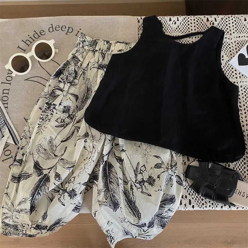 Korean Children's Clothing 2025 New Summer Girls Sleeveless Vest Girl Baby Ink Wind Mosquito Proof Pants Two-piece Set
