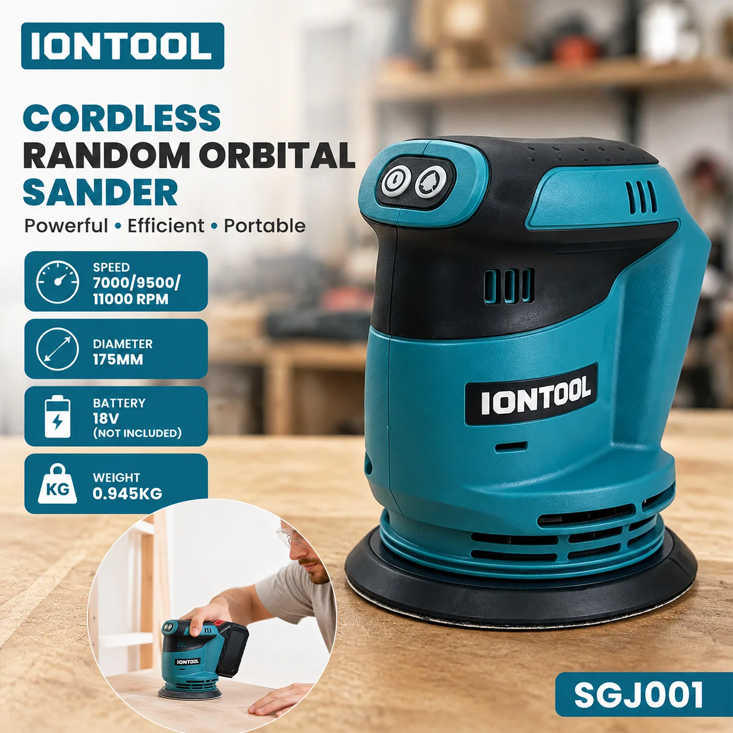 IONTOOL 175mm 3-Speed Brushless Orbital Sander 7000-11000RPM for Home Renovation and Furniture Refinishing Bare Unit