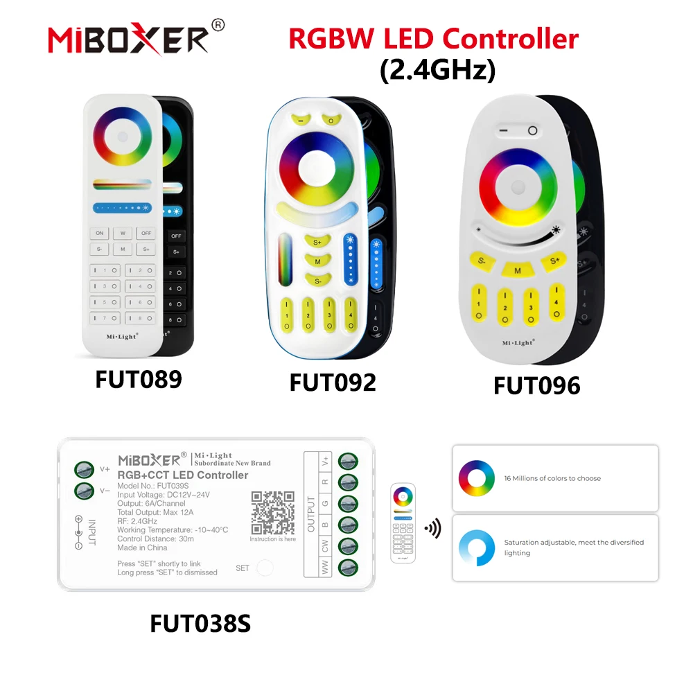 MiBoxer DC12~24V FUT038S+FUT089 2.4GHzRF Wireless RGBW 6A/Ch  16 Millions of colors to choose LED Controller For COB/Led Strip