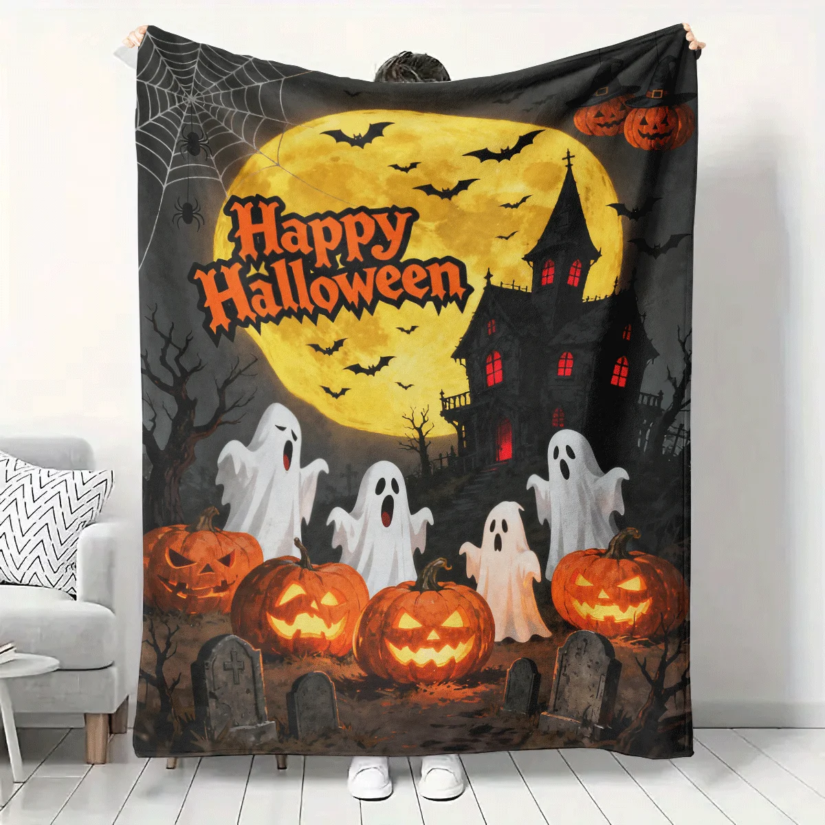 

1PC Halloween Pumpkin Ghost House Theme Carpet Happy Festival Home Warm Decoration Blanket Soft and Comfortable Flannel Blanket