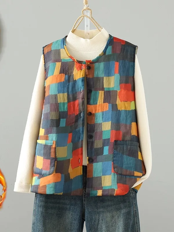 

Женский зимний хлопковый жилет с этническим принтом в стиле ретро, теплая утягивающая верхняя одежда, хлопковый жилет, многослойный топ