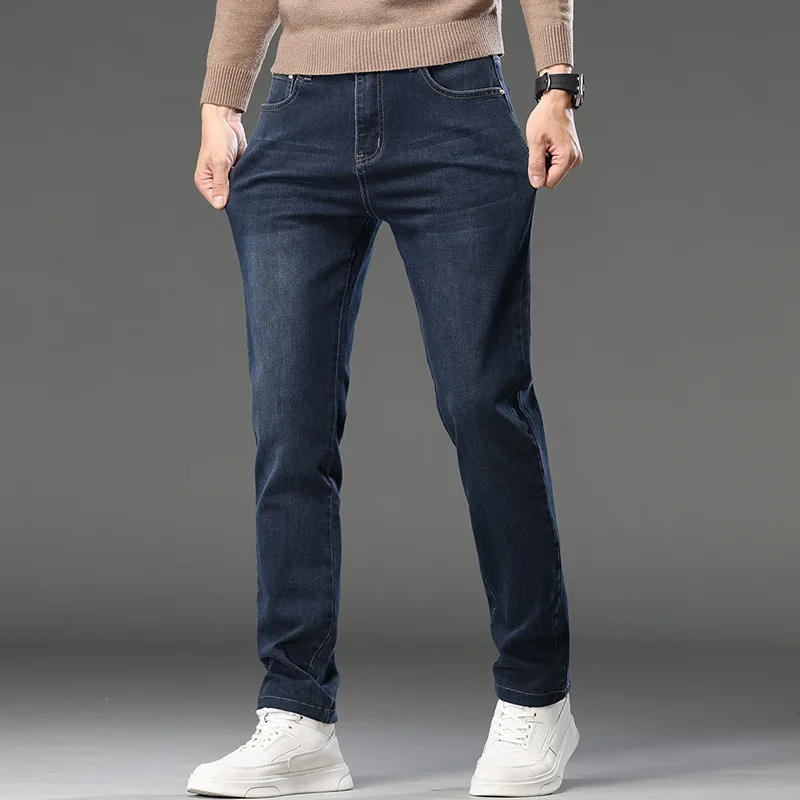 Celana Jeans Pria Model Straight-Leg Musim Semi & Gugur Terbaru, Kualitas Tinggi, Bahan Stretch