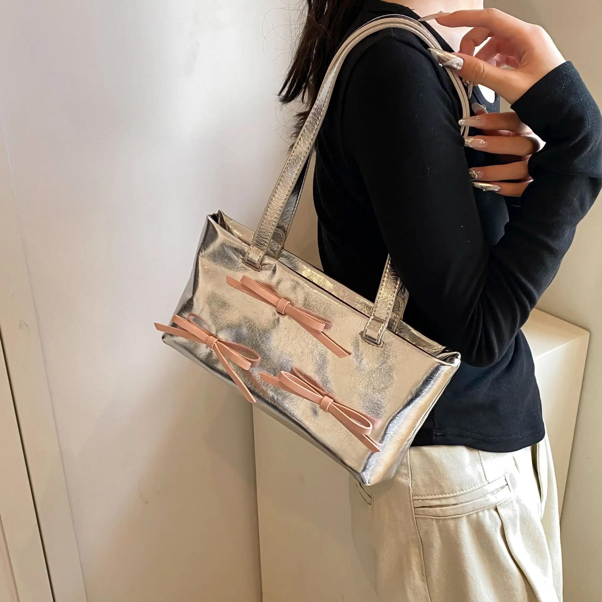 Sweet Bow Underarm Bag Fashion Lacquer Leather Handbag 2024 Women New Korean Single Shoulder Bag High Quality Texture Tote Bag