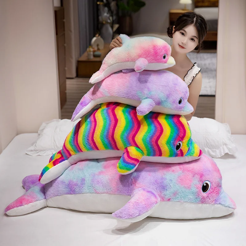 50-130cm Kawaii Cartoon Colorful Giant Dolphin Plush Doll Pillow Rainbow Marine Animal Soft Dolphin Plush Toy Home Decoration