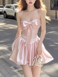 Pink Japanese Kawaii Sexy Design Dress Women Sweet Party Bow Cute Mini Dresses Female Korean Style Off Shoulder Elegant Clothes