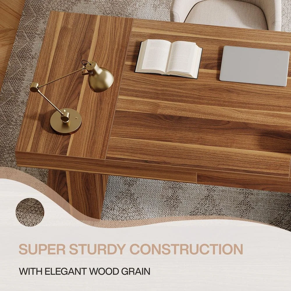 في. مكتب تنفيذي خشبي بني مستطيل حديث مع قاعدة مزدوجة، طاولة كمبيوتر للمكتب