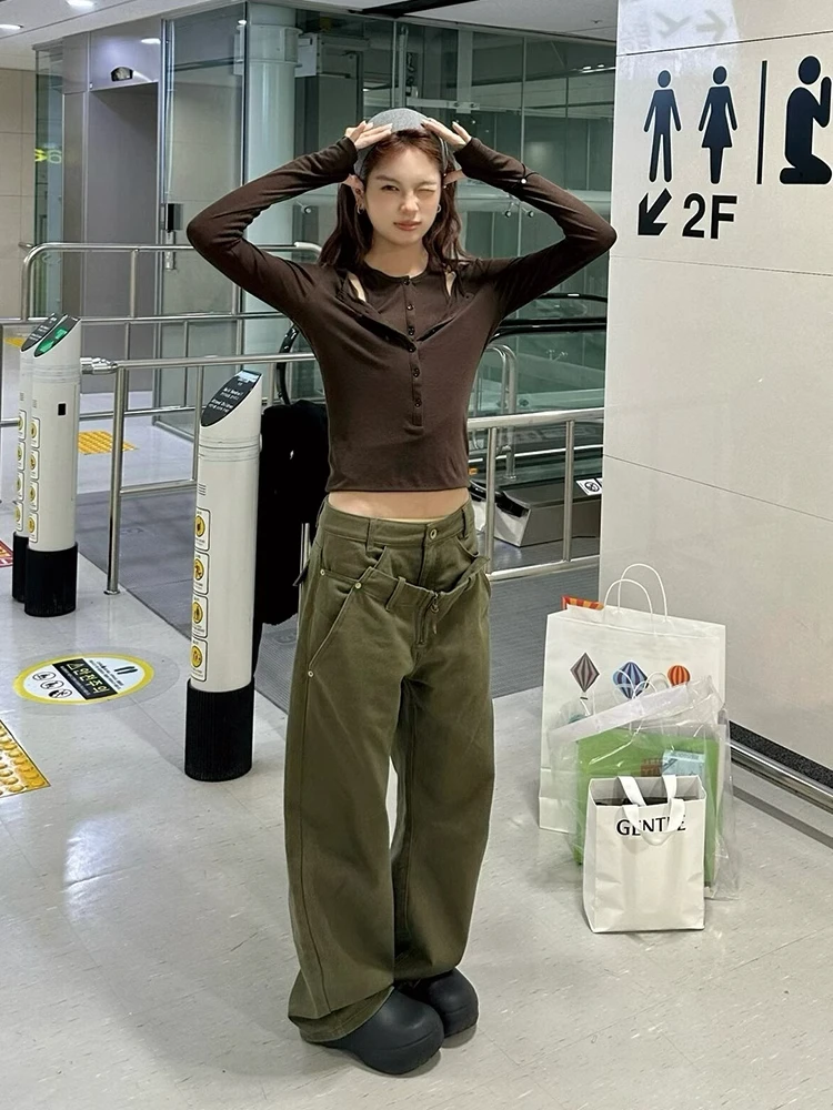 Women's Army Green Y2k Jeans Harajuku Denim Trousers Vintage Japanese 2000s Style Baggy Oversize Jean Pants Trashy Clothes 2024