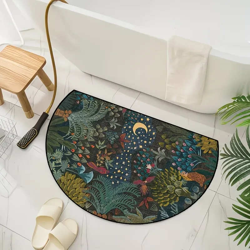 Vintage Floral Half Moon Rug Night Garden Welcome Mat Anti-Slip Entrance Doormat Creative Half Round Floor Mat