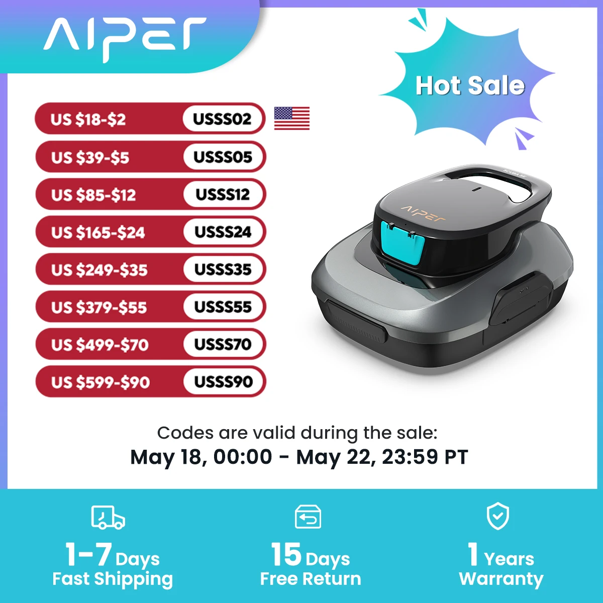 Aiper Scuba SE Refurbished Cordless Pool Cleaner with 90-Min Runtime, Smart Self-Parking,Lightweight