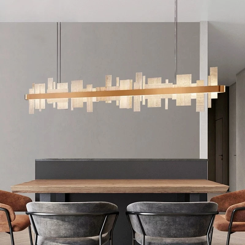 Modern Linear Alabaster Chandelier Gold Frame LED Pendant Light Abstract Art Deco Hanging Lamp for Kitchen Island  Dining