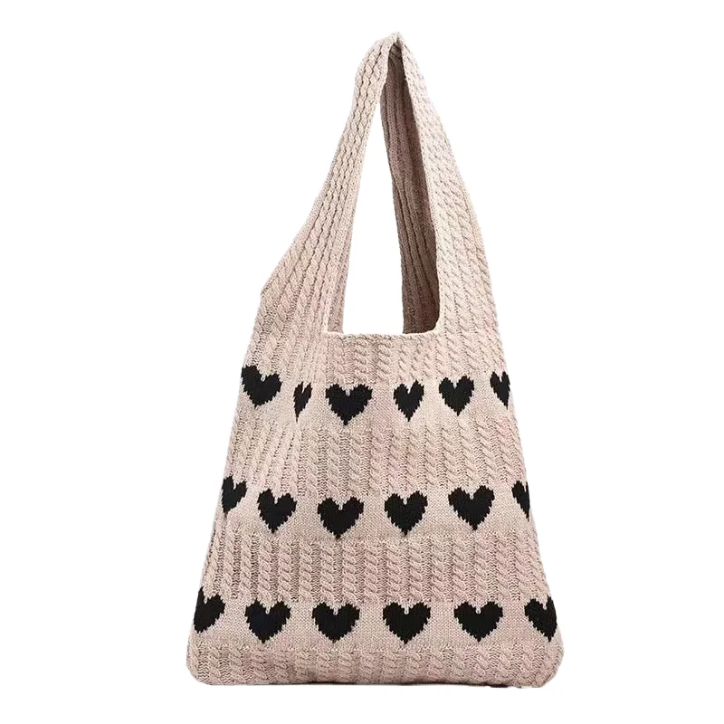 

Fashion Heart Pattern Knitting Shoulder Bags Simple Large Capacity Tote Bag Women's Handbag Female Woven Travel Shopper Bag