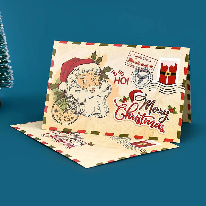 5pcs Vintage Christmas Greeting Card Cartoon Santa Claus Folding Card Blessing Message Card With Envelope New Year Navidad 2025