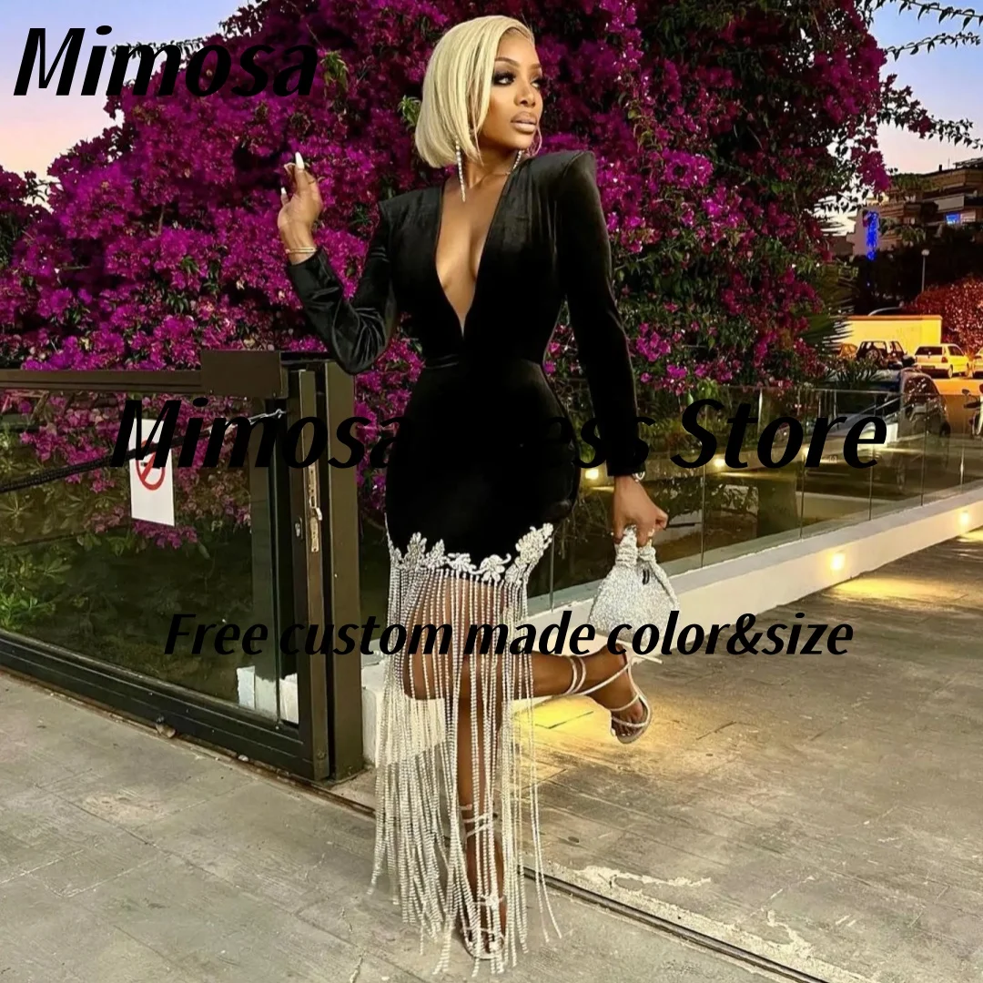 

Черные велюровые платья для выпускного вечера Mimosa, сексуальные вечерние платья с v-образным вырезом и длинными рукавами, кристаллы и кисточки, коктейльное клубное платье по индивидуальному заказу