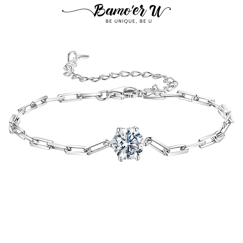 

Bamoer U 1CT Moissanite Charm Bracelet Adjustable Basic Clip Link Wrist Chain for Women Engagement Sparkling Jewelry Gift
