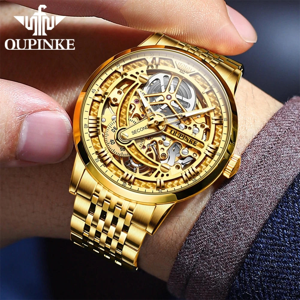 OUPINKE 3173(Special Offer)Gold Watch for Men Skeleton Hollow Crystal Mirror 50M Waterproof Automatic Mechanical Watch Man