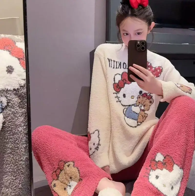 Kawaii كيتي القط 2 قطعة منامة فتاة طويلة الأكمام المتسكعون الحلو طالب فتاة شابة ملابس المنزل الدافئة ملابس خاصة مجموعة