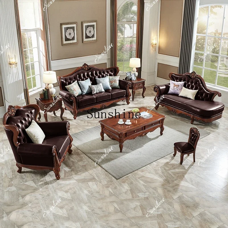 

American leather solid wood, leather toffee beauty couch simple living room chaise longueP