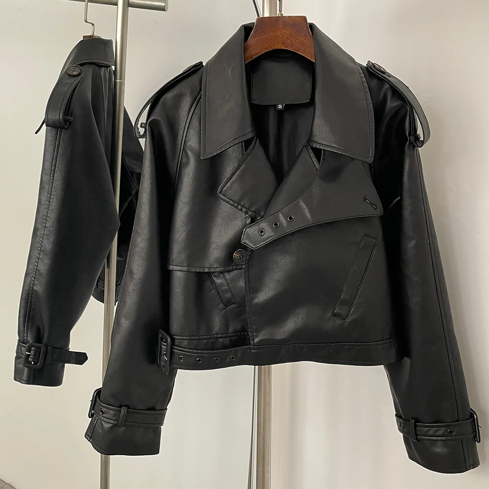

Autumn New Women Faux Leather Jacket Turn-down Collar With Belt Coat American Fashion Vintage Moto Biker PU Jackets