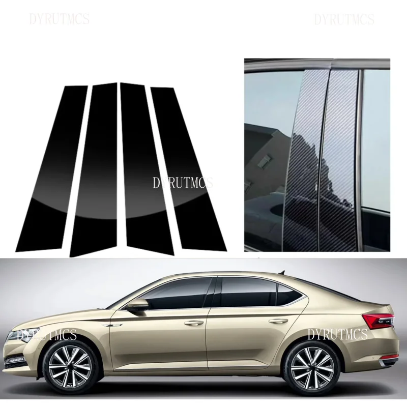 

4PCS Glossy Black Silver Carbon Pillar Post Fit For Skoda Superb B8 (3V) 2016 2017-2023 Door Window Column BC Trim Sticker Cover