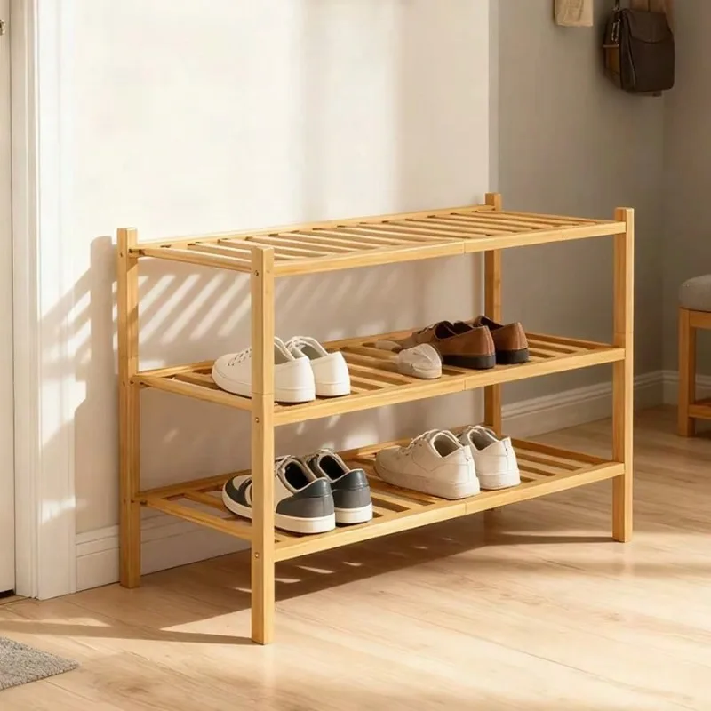 Three-Layer Independent Shoe Rack, Stackable Modular Shoe Cabinet, Foldable Shoe Storage Rack, Bamboo And Wood Material Shoe Rack Suitable For Entrance And Wardrobe, Beautiful, Natural, Practical And Sturdy Shoe Rack, Space-Saving Entrance Size 68X25X46cm