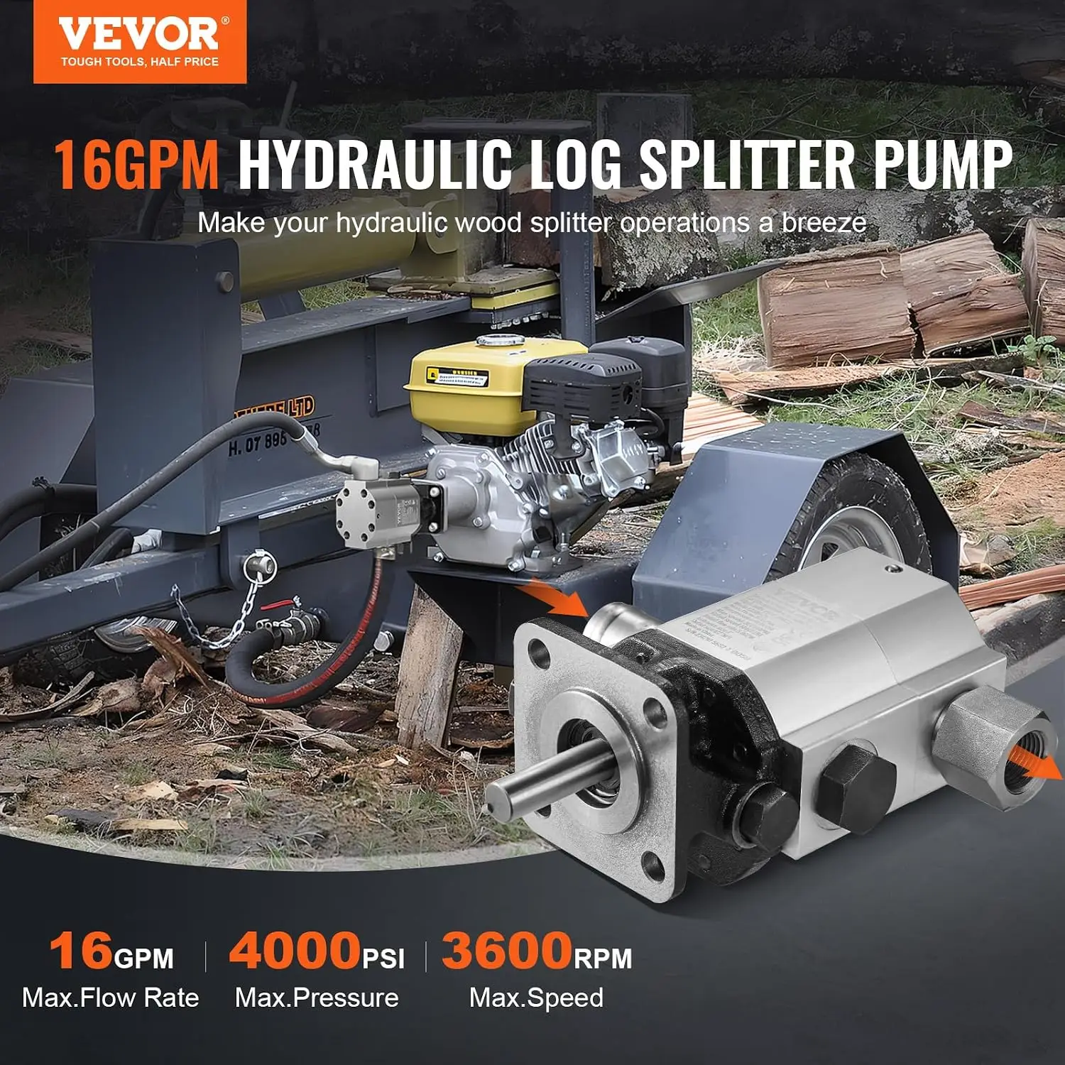 Hydraulic Wood Log Splitter Pump, 16GPM, 2 Stage 4000PSI, 1'' Inlet 1/2'' NPT Outlet 3600 RPM Aluminum Hydraulic Gear Pump, for