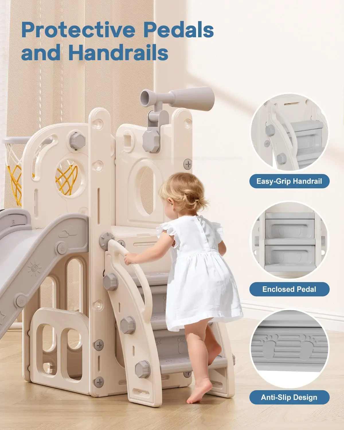 شريحة أطفال 6 في 1 مع طوق كرة سلة وتلسكوب، مجموعة لعب متسلق داخلية/خارجية للأطفال من سن 1 إلى 3 سنوات، أبيض ورمادي