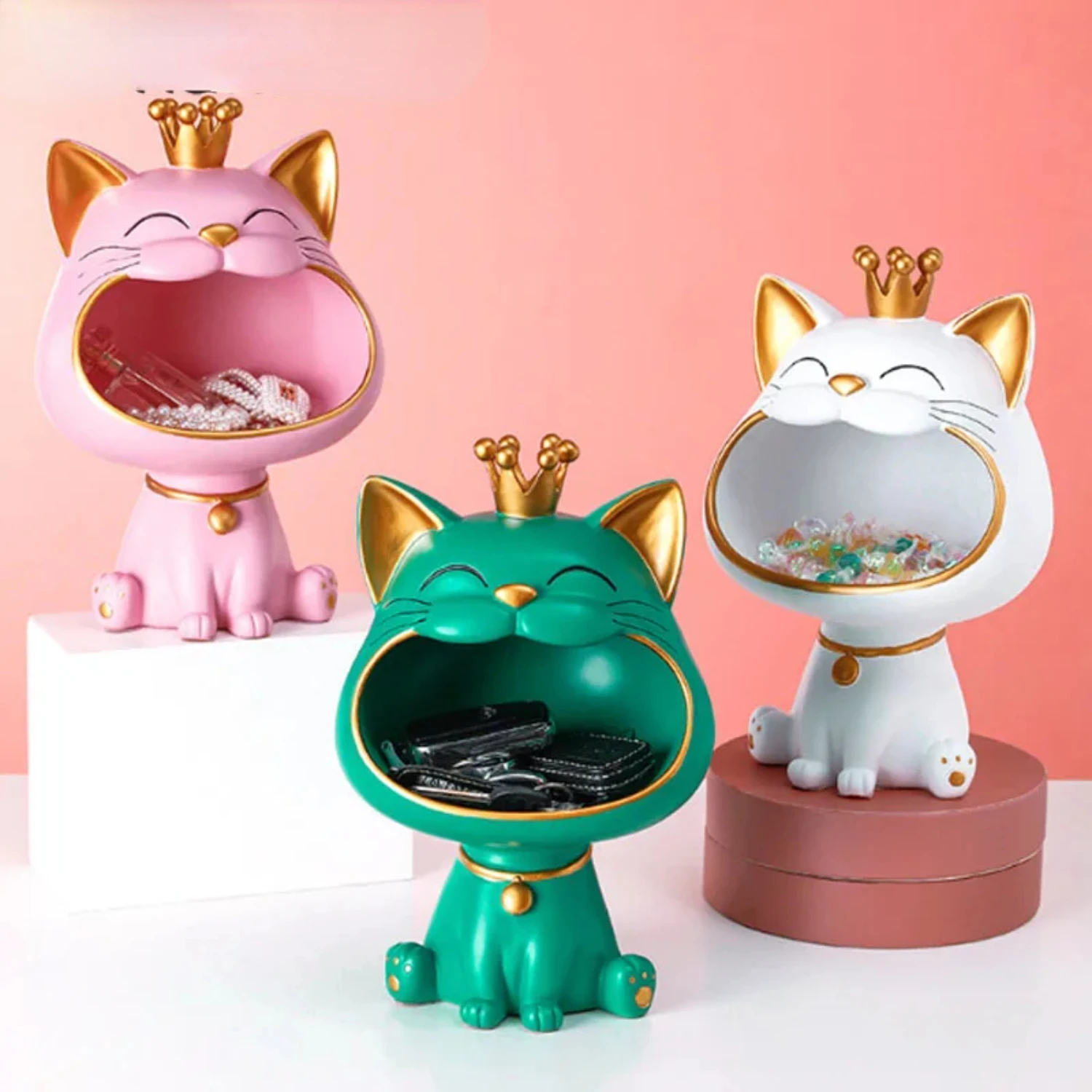 Lucky Cat Statue Sculpture Table Decoration Miniature Figurine Sundries Storage Box Modern Living Room Desk