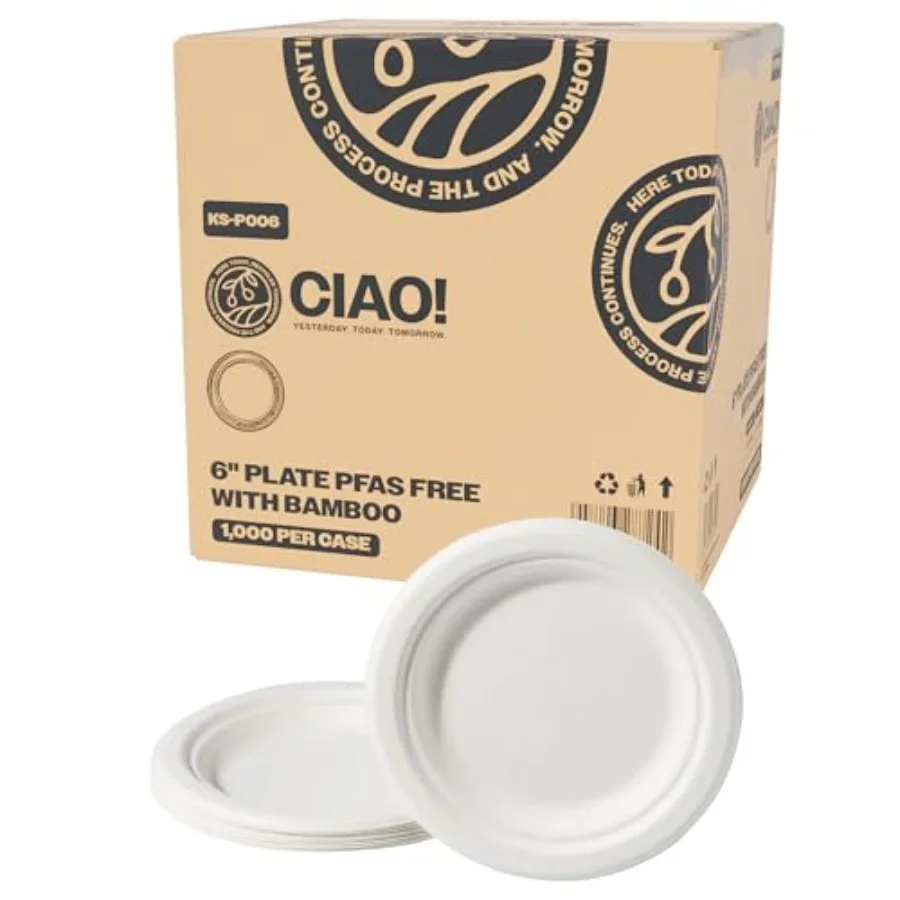 CIAO! Heavy Duty Plate 100% Compostable Ecofriendly PFAS Free Unbleached Bagasse Natural White Pack of 1, 000