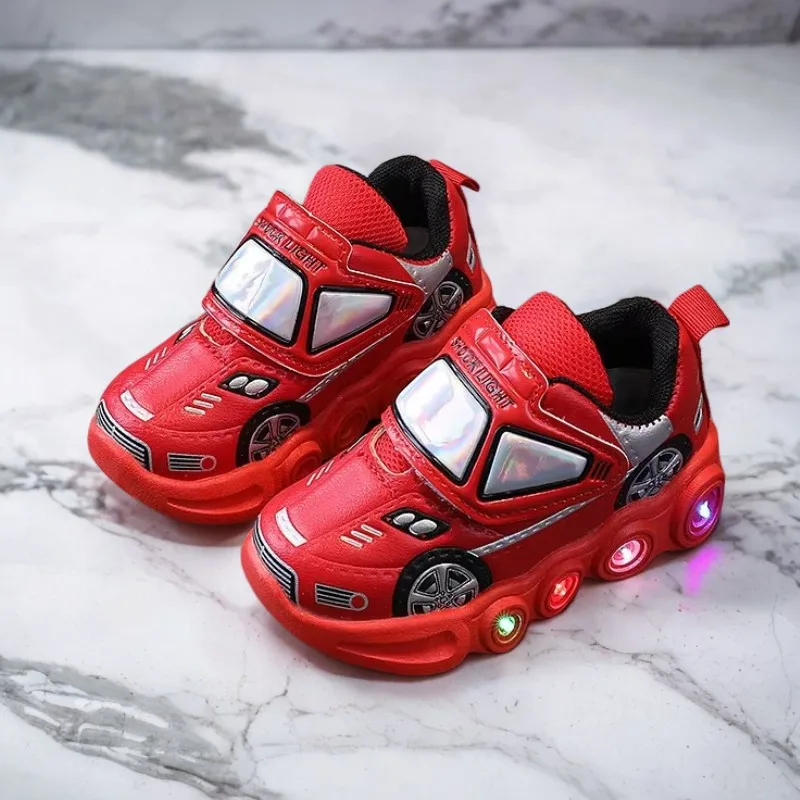 

Diseny Kids'Casual Shoes Led Light Car Club Cartoon PU Leather Spring Shoes For Children Anti-slip Red Blue Shoes Size 21-30