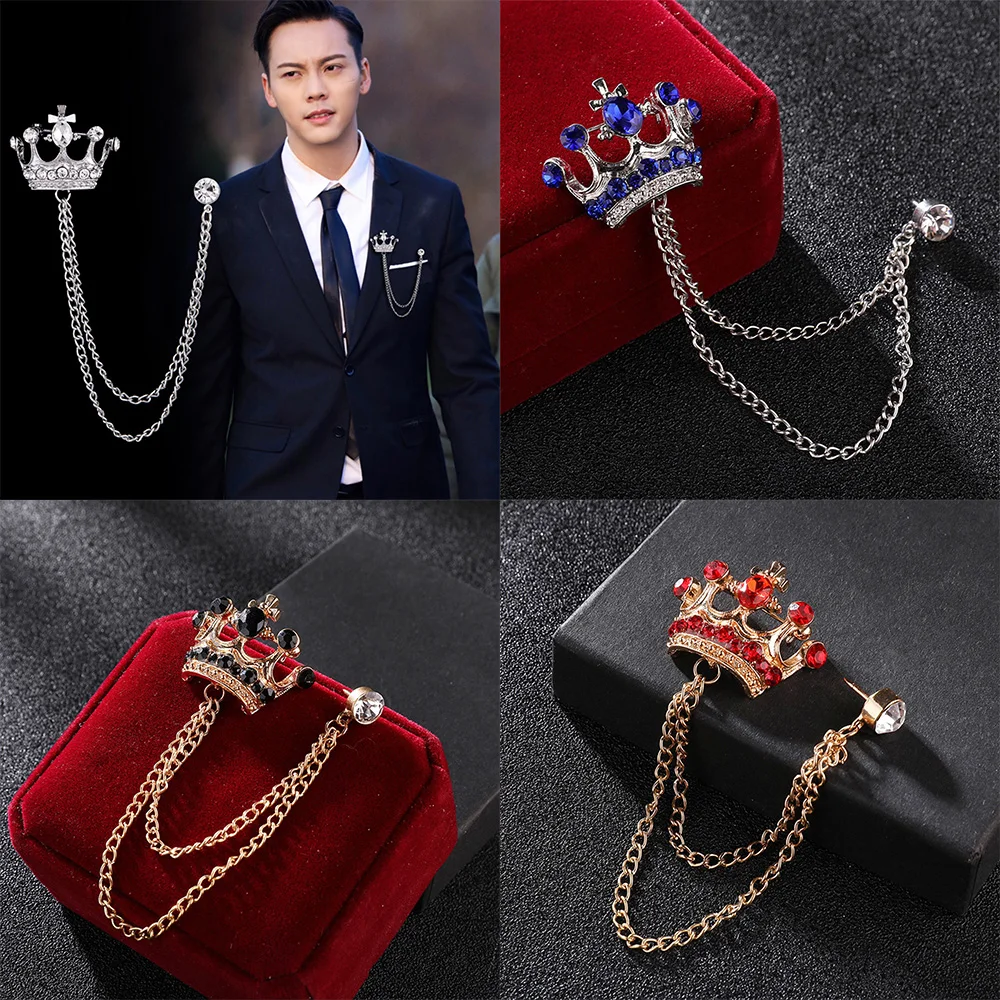 Korean British Style Crown Brooch Suit Tassel Chain Lapel Pin Zircon Badge Female Corsage Men Accessories for Wedding Prom