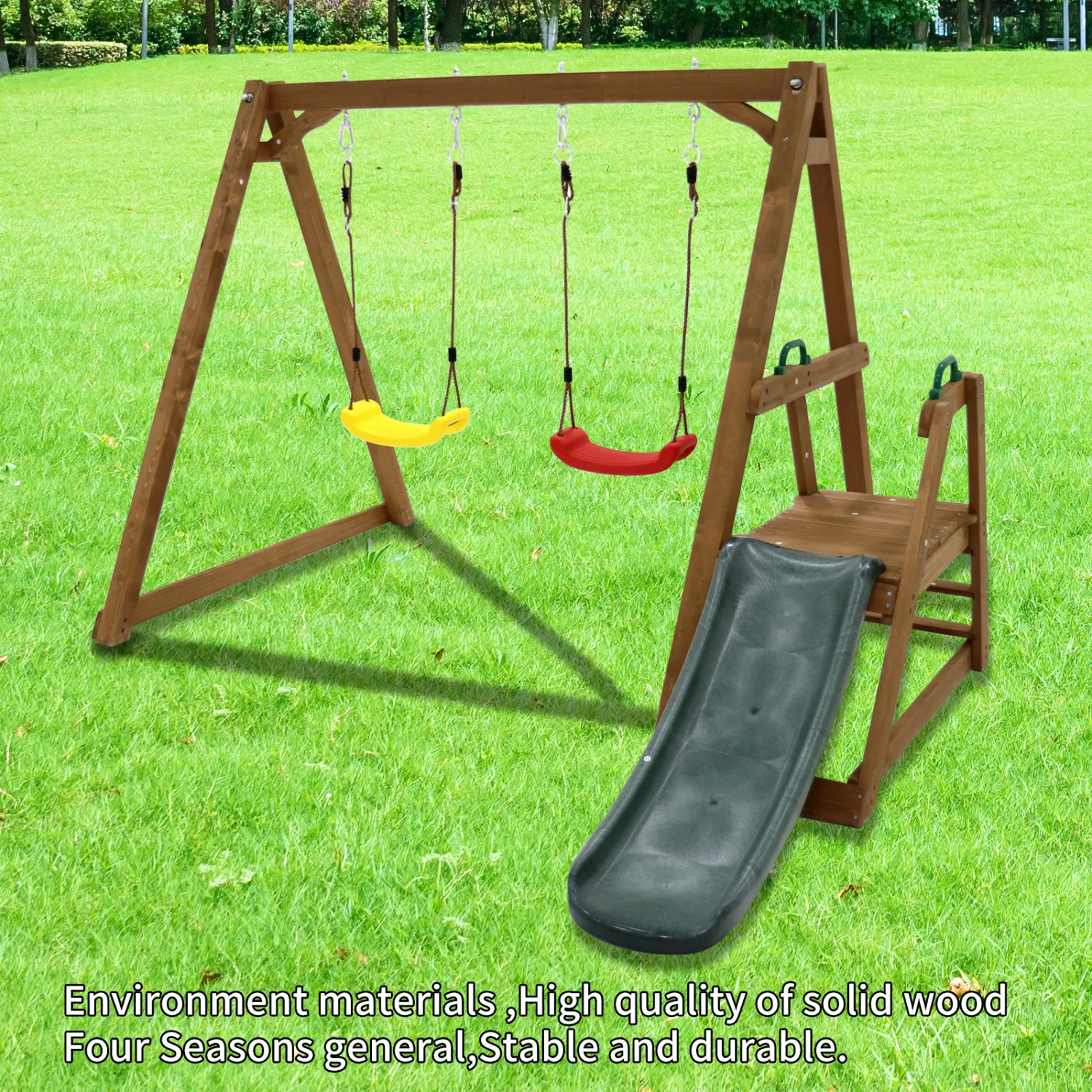 

Wood Swing Set with Slide and Climbing Rope Ladder - Kids Outdoor Playset