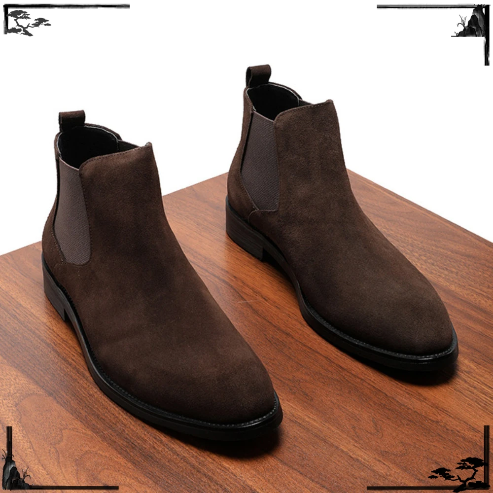 Premium Genuine Leather Boots British Style Suede Fleece Lined Frosted Pointed Toe Ankle Short Boots for Men