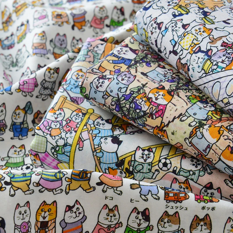 Cotton Fabric Handmade DIY Clothing Clothes Baby Children Printed Cartoon Cat by Half Meter