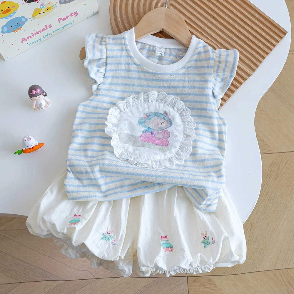 

Летние футболки с рукавами-крылышками в синюю полоску для девочек + шорты, комплекты детской одежды из 2 предметов, детский жилет с милой мультяшной вышивкой, топы, шорты