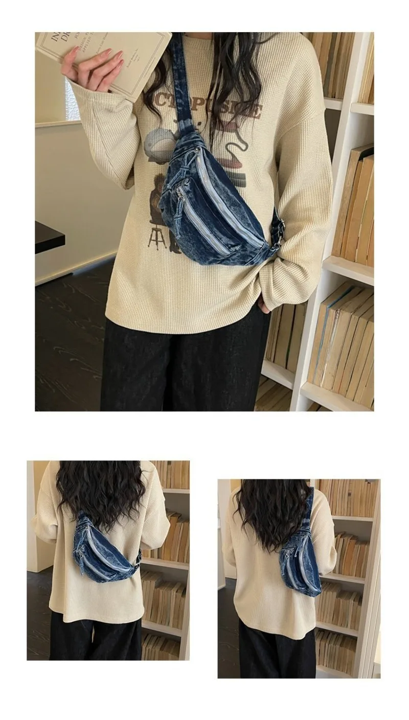 Damen Vintage Washed Denim Tasche mit Mehreren Taschen, Verstellbarer Riemen Crossbody Gürteltasche für Tägliche Aufgaben und Outdoor-Aktivitäten – Detail 2
