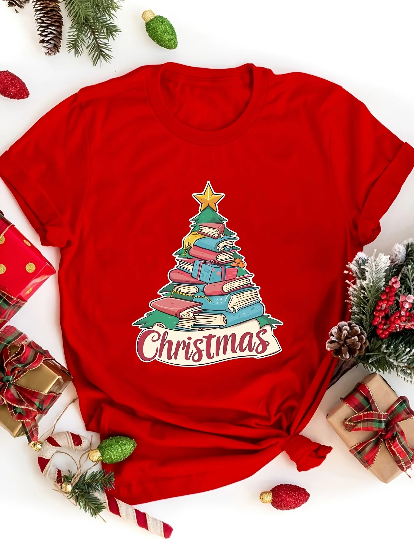 

Women's Christmas Tree T-Shirt Festive Red Holiday Gift with Casual Round Neck Tee Seasons Christmas Shirts Aesthetic Clothes