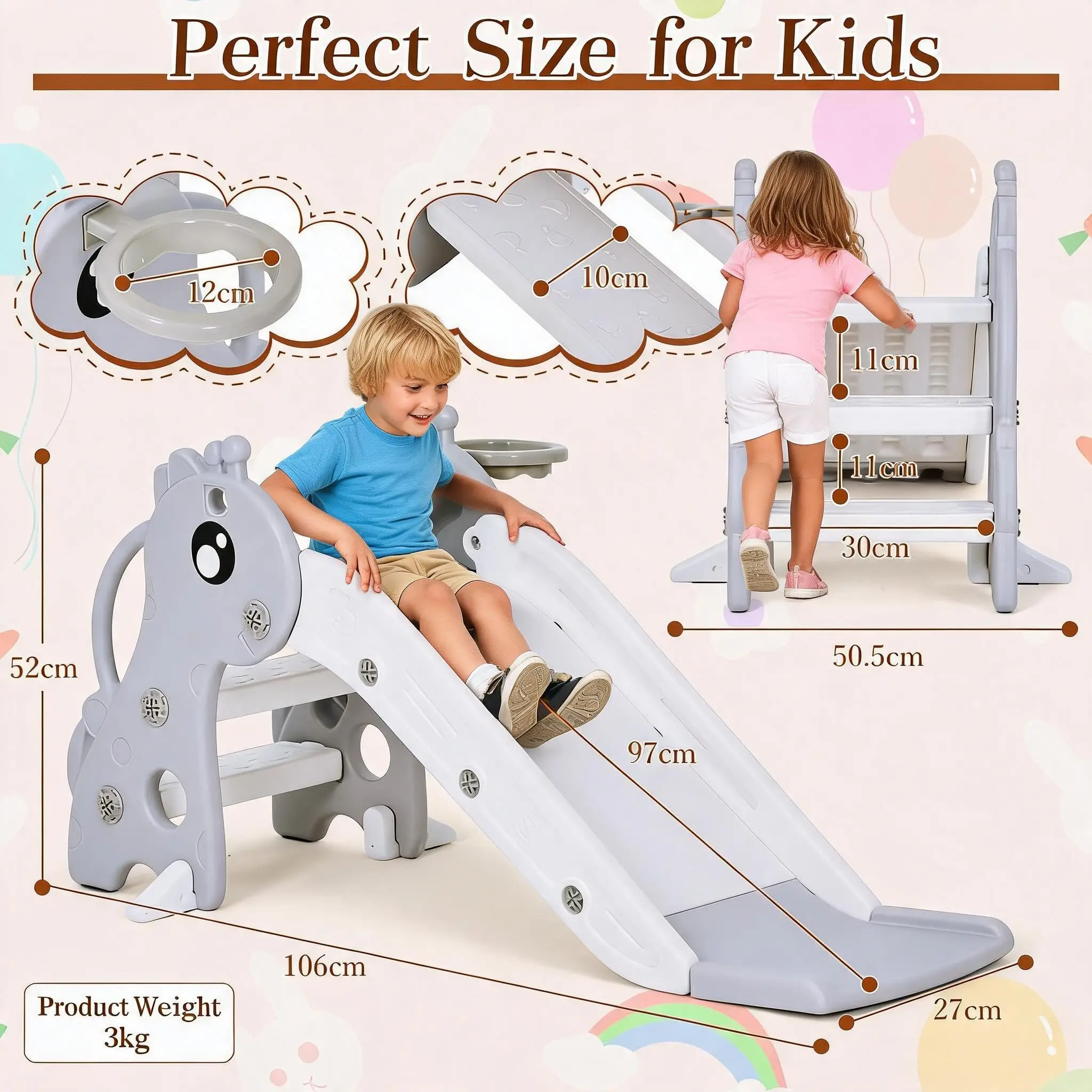 3 In 1 Toddler Slide With Basketball Hoop Freestanding Folding Kids Climber Playset Indoor Outdoor Baby Slide For Ages 1-3 Years