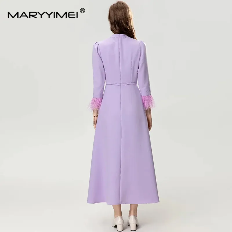 MARYYIMEI Fashion Women\'s New Vintage Three Quarter Sleeved Feather Fringed Beaded Sequin Lace-Up Office Lady Elegant MIDI Dress