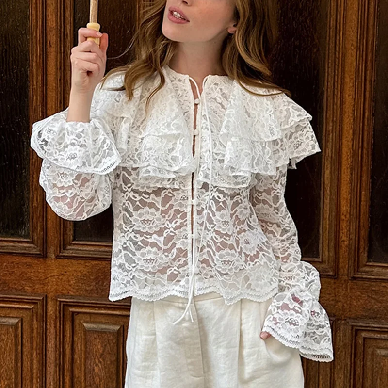 Trendix See Through Lace Shirts For Women Fall Fashion Cascading Ruffles Patchwork Long Sleeve Cardigan Sexy Hollow Out Lace Top