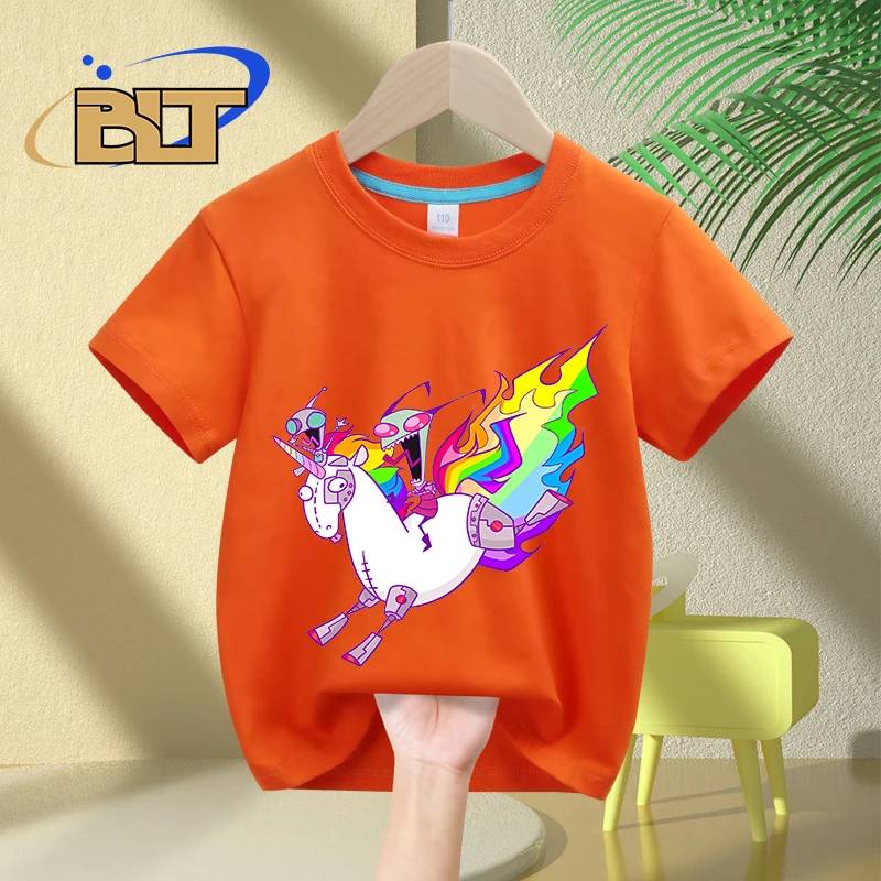 T-shirt de manga curta com estampa unicórnio para menino e menina, top casual algodão, verão