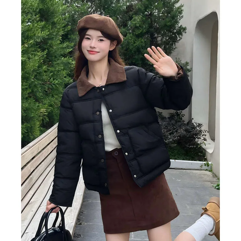 Novo outono inverno jaqueta de algodão feminino casaco de algodão pequeno perfumado veludo emenda cor bloco curto roupas de algodão