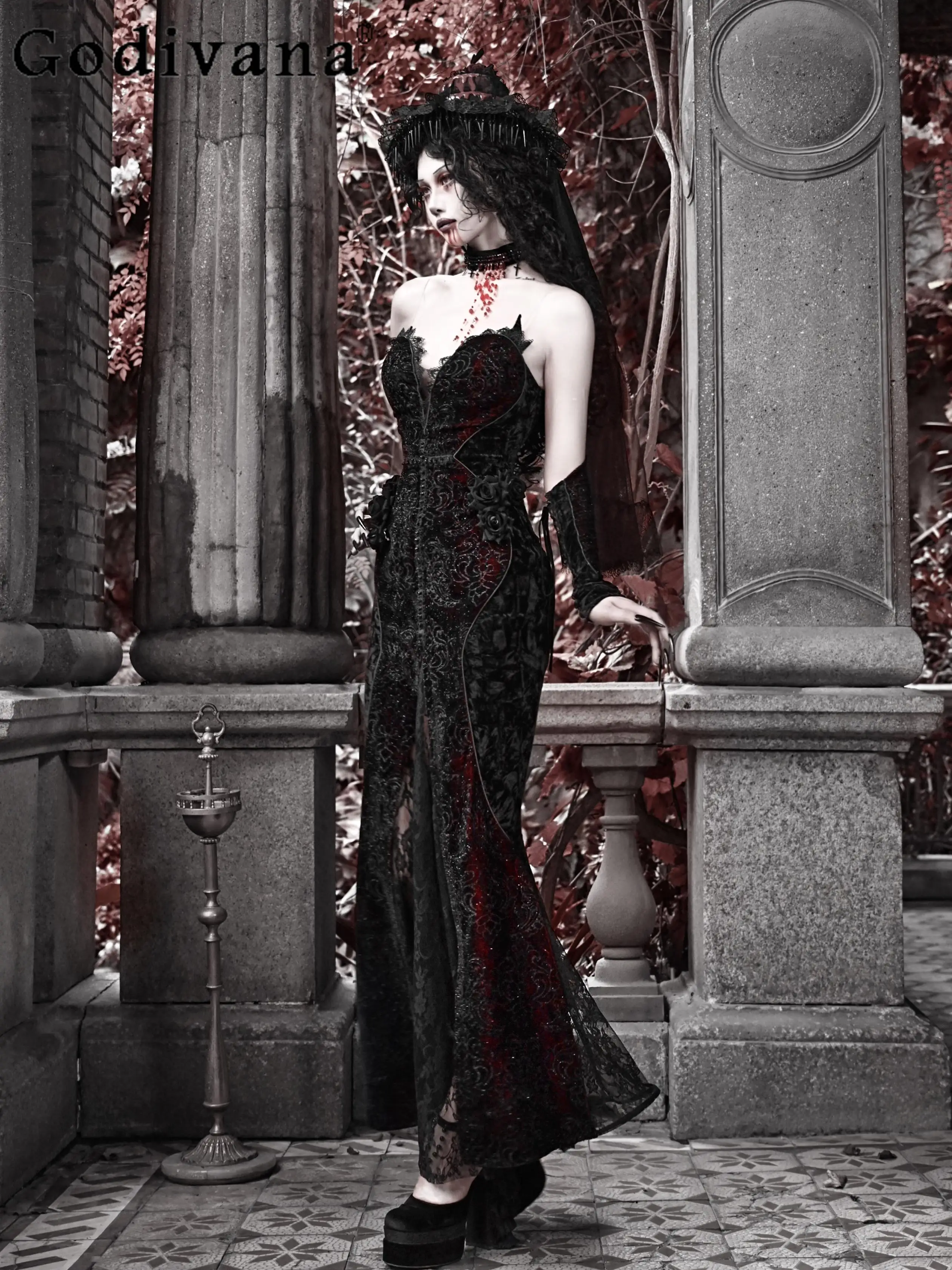 

Halloween Women's Cos Mermaid Dress Original Gothic Dark Court Style French Retro Long Dress Lady Velvet Tube Top Elegant Dress