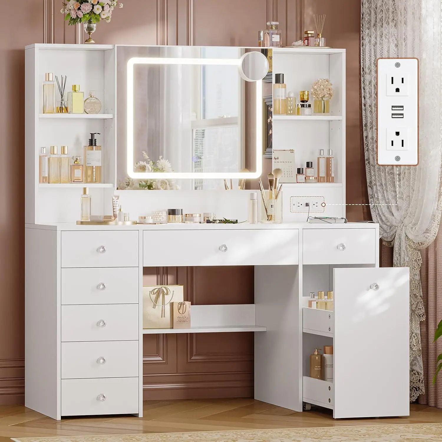 47.2'' Vanity Desk with Mirror and LED Lights, White, Customized