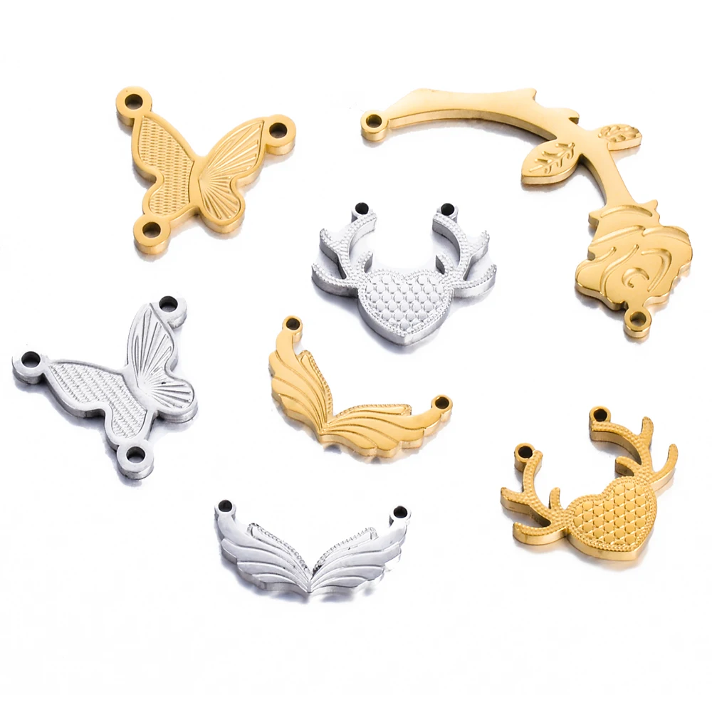 6pcs Butterfly Stainless Steel Connectors Charms Angel Wing Deer head Pendant Rose Girl DIY Earrings Bracelets For JewelryMaking