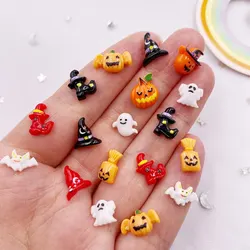 50 szt. Mix żywicy Mini kolorowe duch Halloween kapelusz dyni nietoperze buty z płaskim tyłem figurka do paznokci akcesoria do album do scrapbookingu DIY rękodzieła