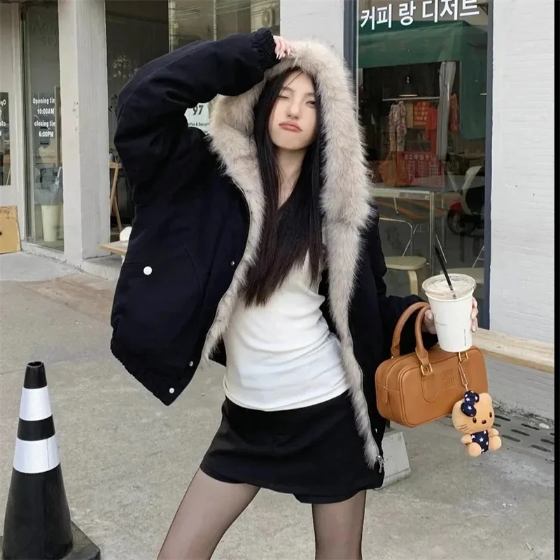 

2025 Short Denim Parkas Women's Cotton-padded Coat Autumn Winter Fur Collar Hooded Jacket Thicken Warm Outerwear Loose Jean Tops