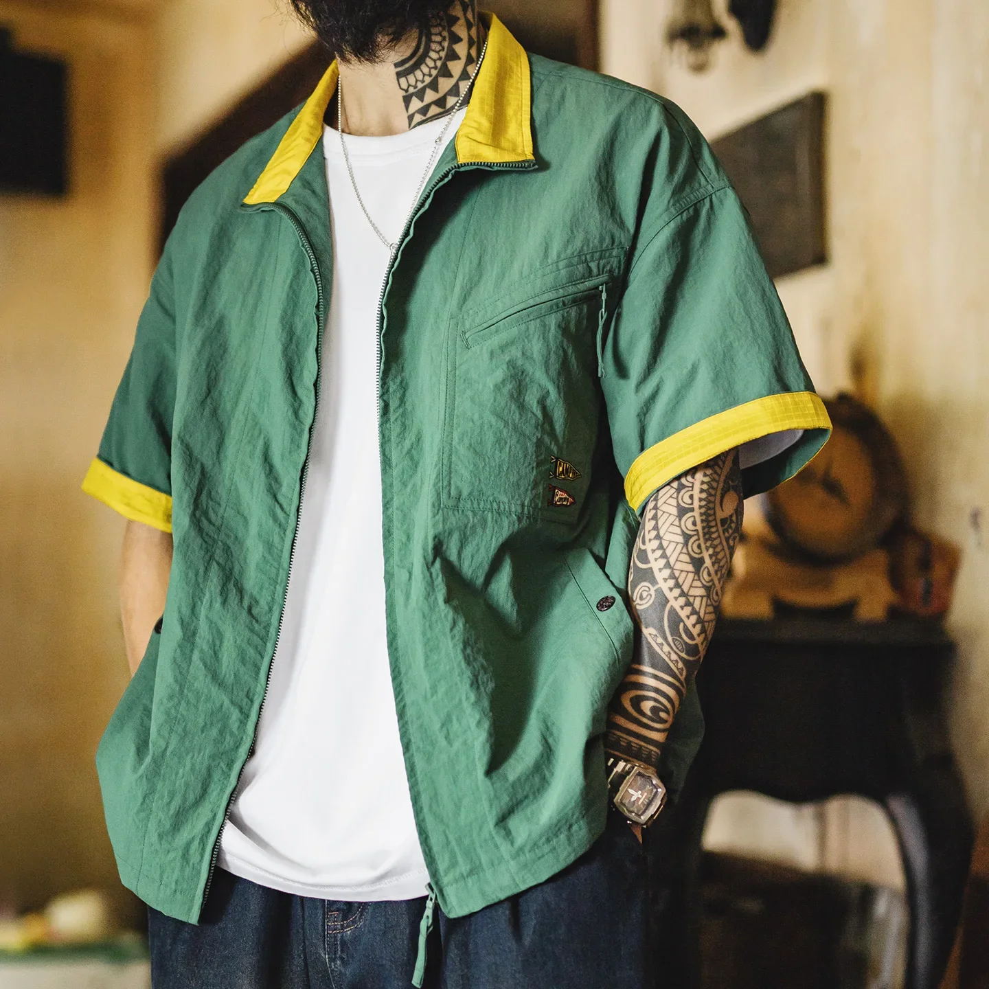 Maden Men American Workwear Mountain Style Embroidered Stand Collar Shirt Lightweight Multi-Pocket Thin Short Sleeve Casual Tops