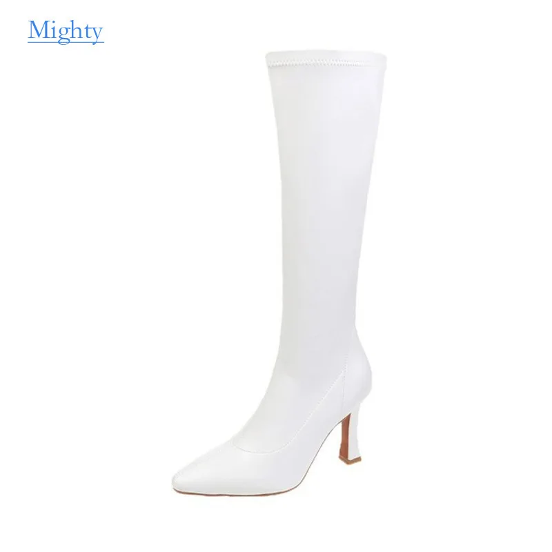 

2024 Autumn Winter Knee High Platform Boots Women Pointed Heel Knight Boots Temperament Slim Fashion Leather Boots Female Shoes