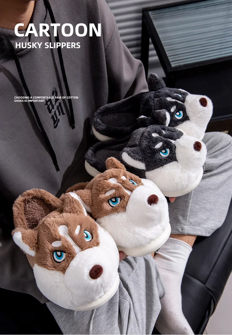 ZUOFU Niedliche Husky-Hund-Plüsch-Hausschuhe Herbst Winter Weiche Flauschige Rutschfeste Komfort-Hausschuhe EU 36-51 – Detail 1